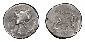 P. Nerva. Denarius; P. Nerva; 113-112 BC, Denarius, 3.78g. Cr-292/1, Syd-548, RSC Licinia-7. Obv: Helmeted bust of Rome l., holding spear over shoulde...