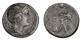 M. Herennius. Denarius; M. Herennius; 108-107 BC, Denarius, 3.81g. Cr-308/1b, Syd-567a, RSC Herennia-1a. Obv: Head of Pietas r. wearing stephane, PIET...