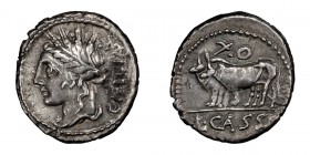 L. Cassius Caecianus. Denarius; L. Cassius Caecianus; 102 BC, Denarius, 3.93g. Cr-321/1, Syd-594, RSC Cassia-4. Obv: Bust of Ceres l. wearing wheat-ea...