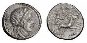 C. Allius Bala. Denarius; C. Allius Bala; 92 BC, Denarius, 3.91g. Cr-336/1c, Syd-595, RSC Aelia-4. Obv: Female head r., BALA behind, O below chin. Rx:...