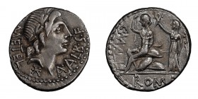 L. Caecilius Metellus. Denarius; L. Caecilius Metellus; 96 BC, Denarius, 4.01g. Cr-335/1b, Syd-611a, RSC Caecilia-45. Obv: Head of Apollo r., star bel...
