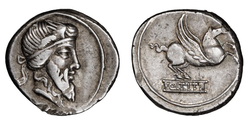 Q. Titius. Denarius; Q. Titius; 90 BC, Denarius, 4.08g. Cr-341/2, Syd-692, RSC T...