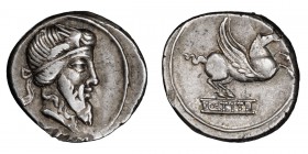 Q. Titius. Denarius; Q. Titius; 90 BC, Denarius, 4.08g. Cr-341/2, Syd-692, RSC Titia-2. Obv: Head of young Bacchus r., wearing ivy wreath. Rx: Q TITI ...