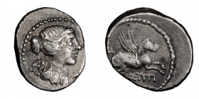 Q. Titius. Quinarius; Q. Titius; 90 BC, Quinarius, 2.36g. Cr-341/3, Syd-693, RSC Titia-3. Obv: Bust of Victory r. Rx: Pegasus springing r., Q. TITI be...