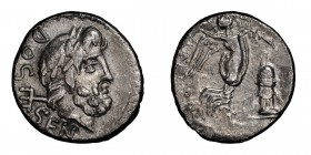 L. Rubrius Dossenus. Quinarius; L. Rubrius Dossenus; 87 BC, Quinarius, 1.68g. Cr-348/4, Syd-708, RSC Rubria-4. Obv: Head of Neptune r., trident over s...
