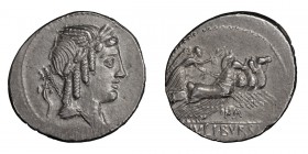 L. Julius Bursio. Denarius; L. Julius Bursio; 85 BC, Denarius, 3.55g. Cr-352/1c, RSC Julia-5b, Syd-728d. Obv: Male head r., laureate and winged; behin...