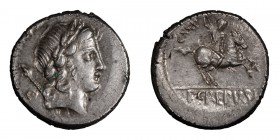 Pub. Crepusius. Denarius; Pub. Crepusius; 82 BC, Denarius, 3.95g. Cr-361/1c, Syd-738a, RSC Crepusia-1. Obv: Head of Apollo r., scepter over shoulder, ...