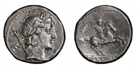 Pub. Crepusius. Denarius; Pub. Crepusius; 82 BC, Denarius, 4.03g. Cr-361/1c, Syd-738a, RSC Crepusia-1. Obv: Head of Apollo r., scepter over shoulder, ...
