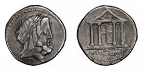 M. Volteius M.f.. Denarius; M. Volteius M.f.; 78 BC, Denarius, 3.90g. Cr-385/1, Syd-774, RSC Volteia-1. Obv: Laureate head of Jupiter r. Rx: Temple of...