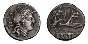 L. Rutilius Flaccus. Denarius; L. Rutilius Flaccus; 77 BC, Denarius, 3.73g. Cr-387/1, Syd-780a, RSC Rutilia-1a. Obv: Head of Roma r., peaked visor, FL...
