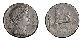 L. Farsuleius Mensor. Denarius; L. Farsuleius Mensor; 75 BC, Denarius, 3.98g. Cr-392/1b, Syd-789, RSC Farsuleia-2. Obv: Diademed and draped bust of Li...