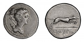 C. Postumius. Denarius; C. Postumius; 74 BC, Denarius, 3.95g. Cr-394/1a, Syd-785, RSC Postumia-9. Obv: Bust of Diana r., bow and quiver over shoulder....