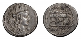 M. Plaetorius M.f. Cestianus. Denarius; M. Plaetorius M.f. Cestianus; 67 BC, Denarius, 3.96g. Cr-409/2, Syd-808, RSC Plaetoria-3. Obv: Turreted bust o...
