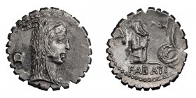 L. Roscius Fabatus. Denarius; L. Roscius Fabatus; 64 BC, Denarius, 3.75g. Cr-412/1, Syd-915, RSC Roscia-3. Obv: L ROSCI Head of Juno Sospita r. wearin...