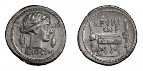 L. Furius Cn.f. Brocchus. Denarius; L. Furius Cn.f. Brocchus; 63 BC, Denarius, 3.88g. Cr-414/1, Syd-902, RSC Furia-23. Obv: Bust of Ceres r. wearing w...