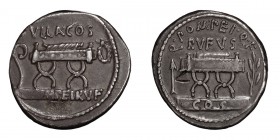 Q. Pompeius Rufus. Denarius; Q. Pompeius Rufus; 54 BC, Denarius, 3.94g. Cr-434/2, Syd-909, RSC Pompeia-5. Obv: Q POMPEI Q F RVFVS Curule chair between...