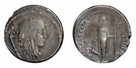 L. Hostilius Saserna. Denarius; L. Hostilius Saserna; 48 BC, Denarius, 4.04g. Cr-448/3, Syd-953, RSC Hostilia-4. Obv: Head of female Gaul r., with lon...