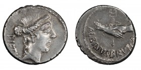 Albinus Bruti f.. Denarius; Albinus Bruti f.; 48 BC, Denarius, 3.94g. Cr-450/2, Syd-942, RSC Postumia-10. Obv: Head of Pietas r., PIETAS behind. Rx: T...