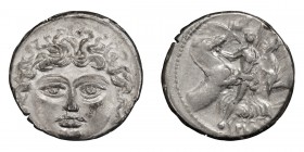 L. Plautius Plancus. Denarius; L. Plautius Plancus; 47 BC, Denarius, 4.01g. Cr-453/1, Syd-959, RSC Plautia-14. Obv: Mask of Medusa, [L PLAVTIVS] below...