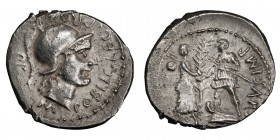 Gnaeus Pompey. Denarius; Gnaeus Pompey; Spain, 46-45 BC, Denarius, 4.05g. Cr-469/1c; Syd-1035; Sear, Imperators-48. Obv: Head of Roma r., M. POBLICI. ...