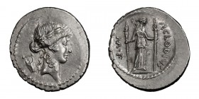 P. Clodius M.f. Turrinus. Denarius; P. Clodius M.f. Turrinus; 42 BC, Denarius, 3.56g. Cr-494/23, Syd-1117, Claudia 15. Obv: Laureate head of Apollo r....