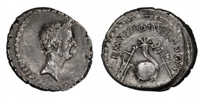 Julius Caesar. Denarius; Julius Caesar; 42 BC, Denarius, 4.08g. Cr-494/39a, Syd-1096a (R4), C-29 (12 Fr.), Sear Imperators-116. Obv: Wreathed head of ...