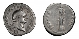 Vespasian. Denarius; Vespasian; 69-79 AD, Rome, 79 AD, Denarius, 3.35g. RIC-1065 (R ), BM-254, Paris-222, C-559 (6 Fr.). Obv: IMP CAESAR VESPASIANVS A...