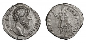 Lucius Verus. Denarius; Lucius Verus; 161-169 AD, Rome, 164 AD, Denarius, 3.11g. BM-282, C-229, RIC-515. Obv: L VERVS AVG - ARMENIACVS Head bare r. Rx...