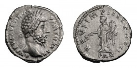 Lucius Verus. Denarius; Lucius Verus; 161-169 AD, Rome, 166 AD, Denarius, 3.39g. BM-426, C-126, RIC-561. Obv: L VERVS AVG ARM - PARTH MAX Head laureat...