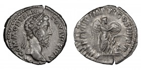 Commodus. Denarius; Commodus; 177-192 AD, Rome, 184 AD, Denarius, 3.18g. BM-127, RIC-79, C-438. Obv: M COMMODVS AN - TON AVG PIVS Head laureate r. Rx:...