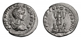 Caracalla. Denarius; Caracalla; 198-217 AD, New-style Eastern Mint, 202 AD, Denarius, 3.16g. BM-730, C-177, RIC-346. Obv: ANTONINVS - AVGVSTVS Bust la...