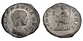 Julia Paula. Denarius; Julia Paula; Branch Mint, 220 AD, Denarius, 3.34g. BM-177, pl. 88.15; C-21; RIC-222. Obv: IVLIA PAVLA AVG Early coiffure with h...