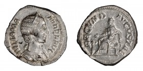 Julia Mamaea. Denarius; Julia Mamaea; Rome, 229-230 AD, Denarius, 3.47g. BM-913, C-6, RIC-332. Obv: IVLIA MA - MAEA AVG Bust draped r. wearing stephan...