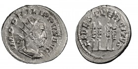 Philip I. Antoninianus; Philip I; 244-249 AD, Rome, 248 AD, Antoninianus, 3.94g. RIC-62 (C ), C-50 (2 Fr.). Obv: IMP PHILIPPVS AVG Bust radiate, drape...