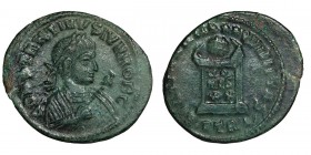Constantine II as Caesar. AE 3, Reduced Follis; Constantine II as Caesar; 317-337 AD, Trier, 323 AD, Reduced Follis, 2.59g. RIC-412, officina P=1 (r3)...