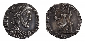 Eugenius. Siliqua; Eugenius; 392-394 AD, Trier, Siliqua, 1.33g. RIC-106d (S), C-14 (20 Fr.). Obv: D N EVGENI - VS P F AVG Pearl-diademed, draped, cuir...