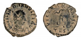 Valentinian II. AE 3; Valentinian II; 375-392 AD, Thessalonica, 378-83 AD, AE 3, 3.36g. RIC-41 (R ). Obv: D N VALEN[T]INIANVS P F AVG Pearl-diademed, ...
