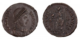 Theodosius I. AE 3; Theodosius I; 379-395 AD, Antioch, 379-83 AD, AE 3, 2.08g. RIC-45d (R) var., C-14 (C). Obv: D N THEODO - SIVS P F AVG Pearl-diadem...