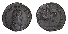 Honorius. AE 3; Honorius; 393-423 AD, Antioch, 392-5 AD, AE 3, 1.46g. Bust var. of RIC-69e (S), officina A=1. Obv: D N HONORIVS P F AVG Rosette and pe...