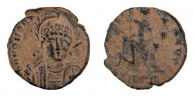 Honorius. AE 16; Honorius; 393-423 AD, Antioch, 401-403 AD, AE 16, 2.55g. RIC-99 (S), officina G=3. Obv: D N HONORI - [VS P F AVG] Helmeted bust front...