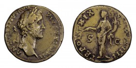 Antoninus Pius. Sestertius; Antoninus Pius; 138-161 AD, Rome, 156 AD, Sestertius, 23.76g. C-980 (Paris), RIC-945 (citing Cohen), bust var. of BM-1999....