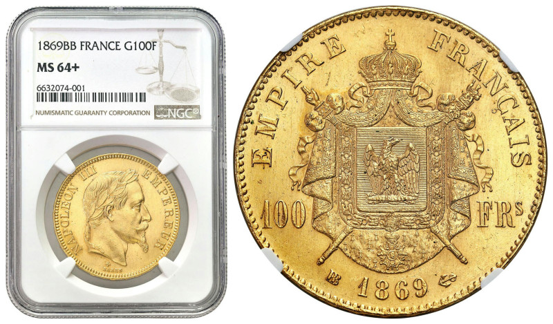 World coins 
France, Napoleon III. 100 francs 1869 BB, Strasbourg NGC MS64+ BEA...