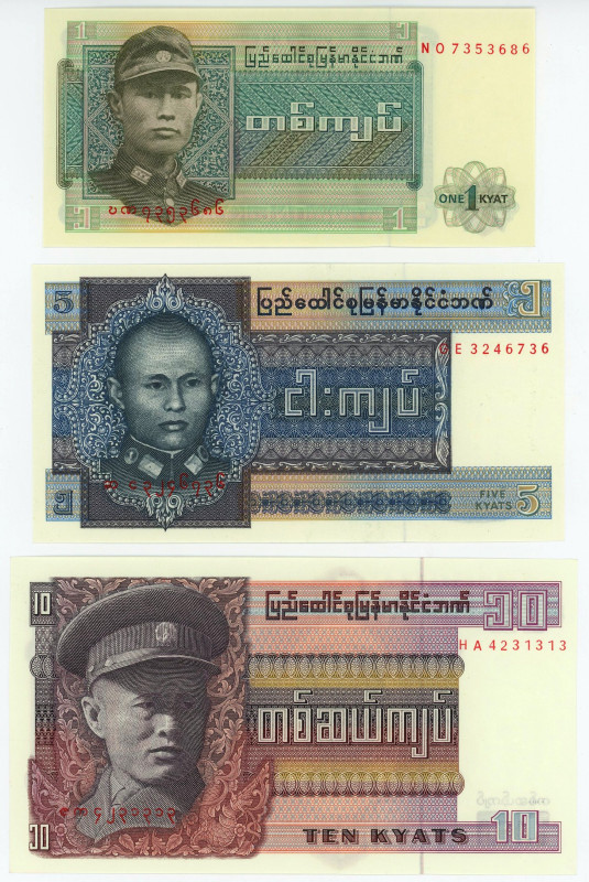 Burma 1 - 5 - 10 Kyats 1972 - 1973 (ND)

P# 56 - 58, UNC