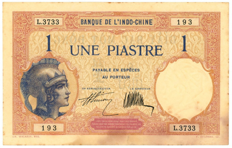 French Indochina 1 Piastre 1927 - 1931 (ND)

P# 48b, N# 220894; # L.3733 193; ...