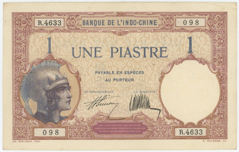 French Indochina 1 Piastre 1927 - 1931 (ND)

P# 48b, N# 220894; # R.4633 098; ...