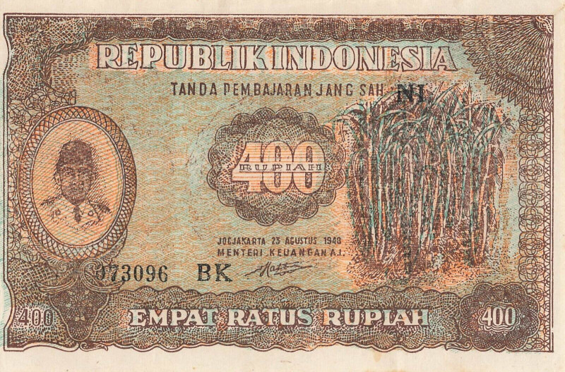 Indonesia 400 Rupiah 1948

P# 35, N# 355712; # 073096 BK; AUNC-UNC