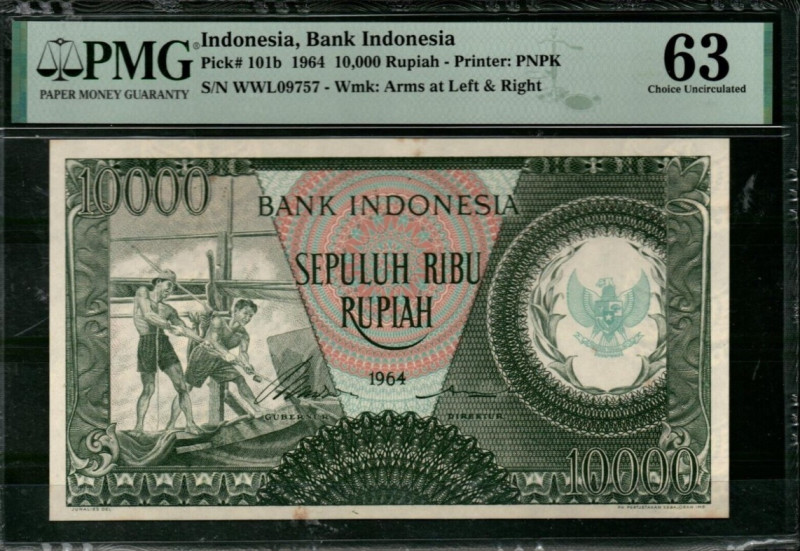 Indonesia 10000 Rupiah 1964 PMG 63

P# 101b, N# 317390; #WWL09757; UNC