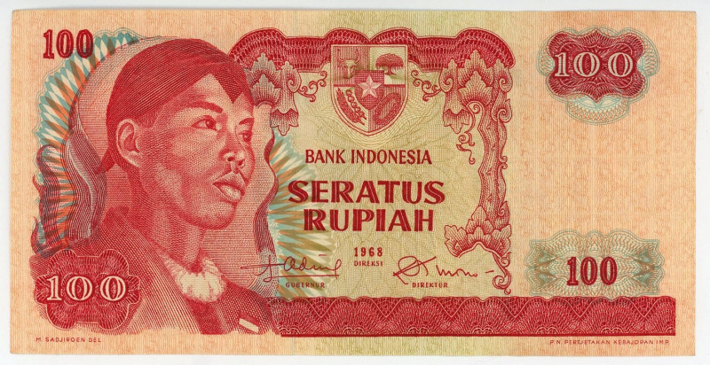 Indonesia 100 Rupiah 1968

P# 108, N# 209275; # RPL084896; "Sudirman" issue; U...