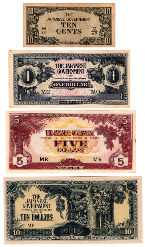 Malaya 10 Cents & 1 - 5 - 10 Dollars 1942 - 1945 (ND) Japanese occupation

P# ...