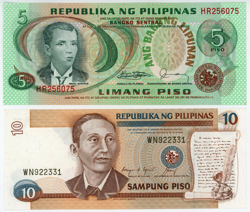 Philippines 5 - 10 Piso 1978 - 1994

P# 160, 169, # HR256075 # WN922331; UNC